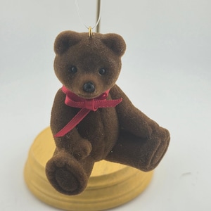 VTG Brown Teddy Bear Ornament Flocked Miniature Plush Red Ribbon Holiday Decor