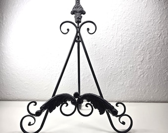 Vintage Black Metal Easel | Ornate Scroll Tabletop Display Stand | Decorative Art Holder