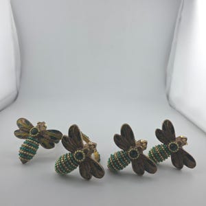 VTG Bumble Bee Napkin Rings Bronze Green Gold Beaded Embellished Set of 4