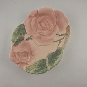 1987 Soap Blushing Rose Soap Dish Floral Trinket Bowl Fitz And Floyd Pink Green