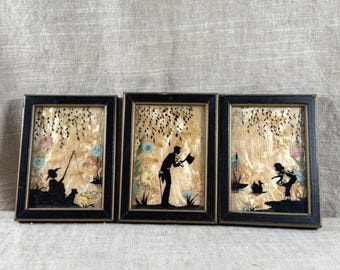 Vintage Feather Silhouette Art Triptych, Set of 3 Black Gold Framed Collages