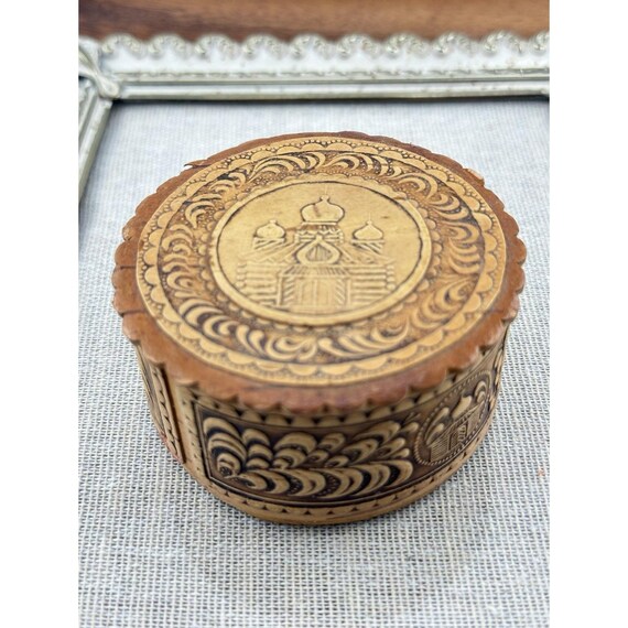 Vtg Russian Birch Bark Jewelry Trinket Box Signed Inscription Handmade