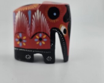Vintage boho indian style hand painted folk art red black elephant Figurine