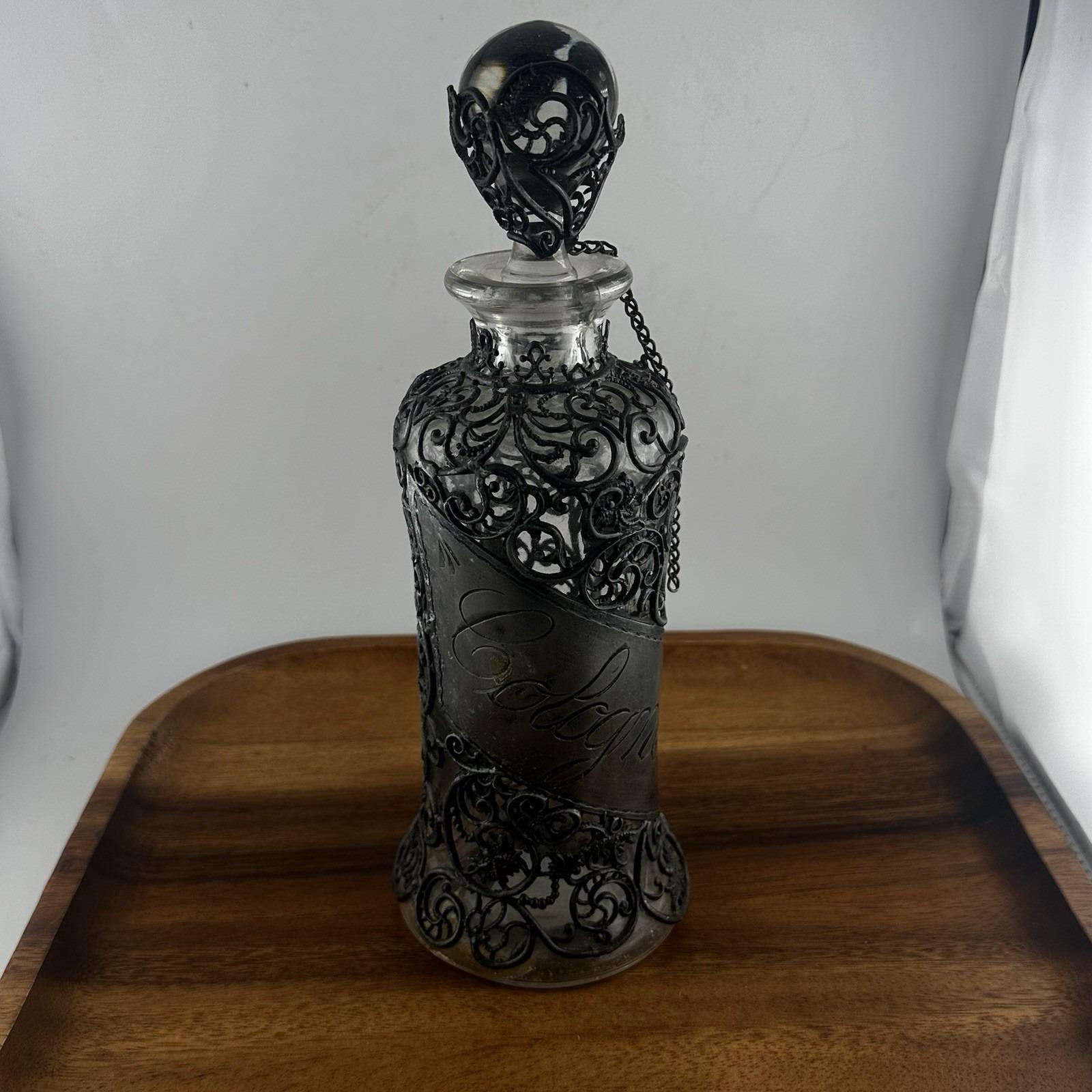Large Antique Perfume Cologne  Ornate  Silver tone Filigree Overlay