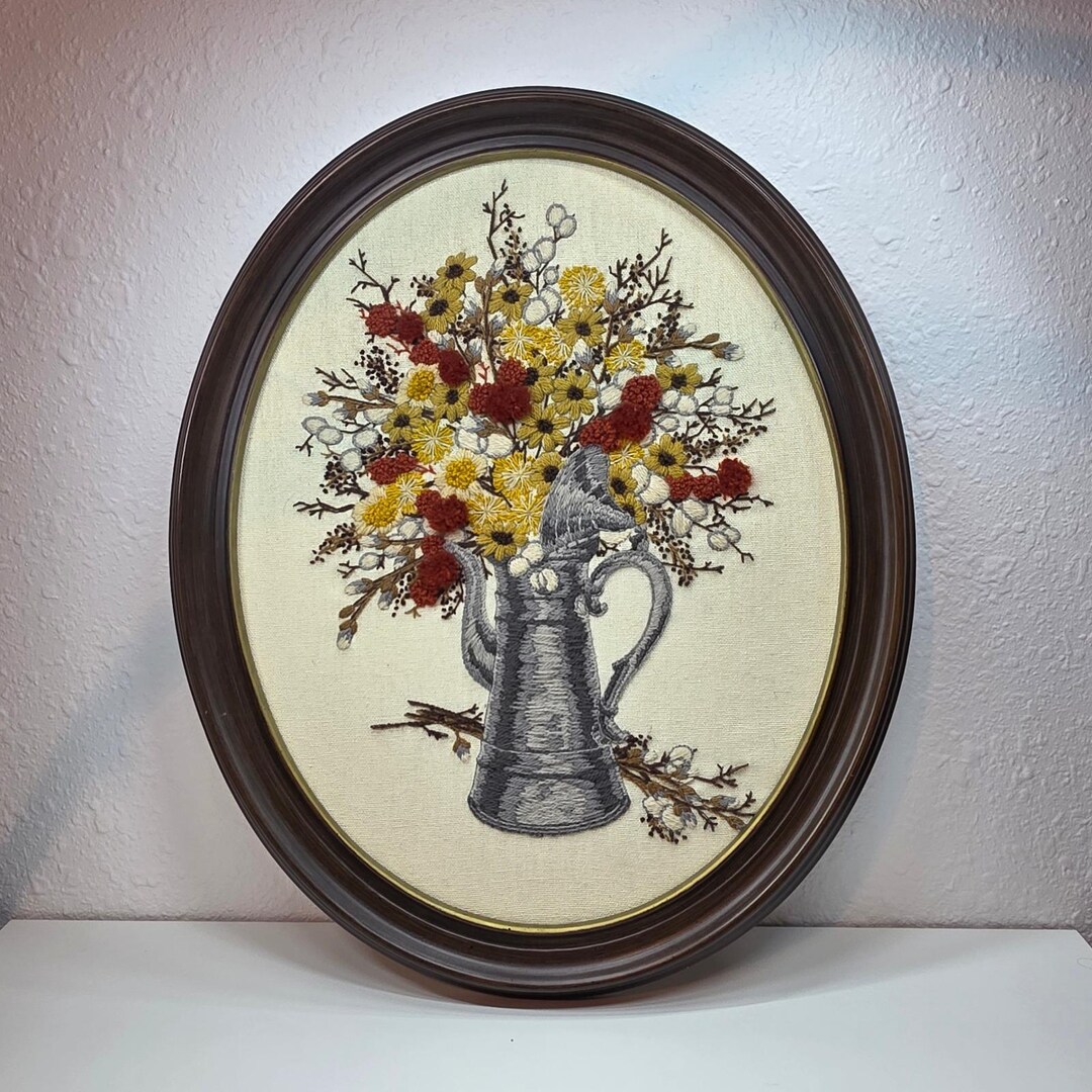 Vintage Oval Framed Floral Embroidery Crewel Art Teapot Flowers Wall ...