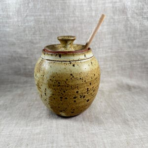 Puede incluir: Un tarro de cerámica hecho a mano con tapa y cuchara de madera. El tarro es beige con motas marrones y un borde marrón rojizo. La tapa tiene un pequeño pomo. La cuchara está insertada en el tarro.