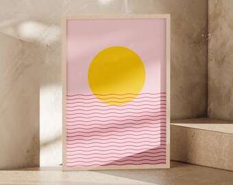 Póster moderno rosa de mediados de siglo con vibraciones alegres, impresión premium, ondas minimalistas, galería estética, arte de pared, decoración del hogar, ilustración, regalo
