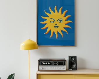 Ilustración positiva Impresión de sol Arte de pared para vibras felices Decoración del hogar Galería estética Pared Divertida Impresión de diseño de sol guiñando un ojo Regalo peculiar