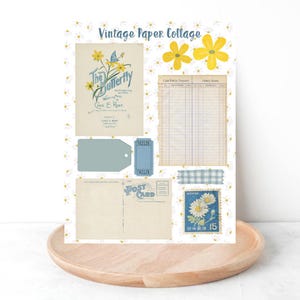 Vintage Ephemera Collage Page: Blue & Yellow Junk Journal (Digital Download)