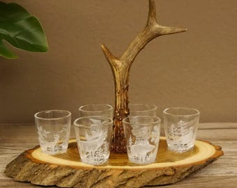 Cadeau voor jagers • Schnappsplank/bar van acaciahout • Schnappsplank met hertenhoorn en 6 glazen met jachtmotief GTK27.7.4.1