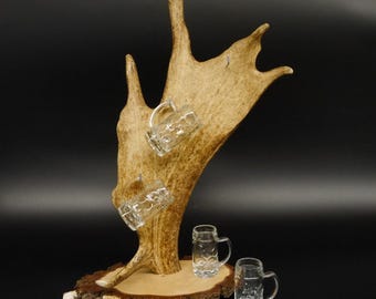 Regalo per cacciatori, uomini • Tagliere per grappa, barretta per grappa su legno di betulla • Tagliere per grappa, corno di daino, 6 pezzi, brocche, GTK27.7.6.25
