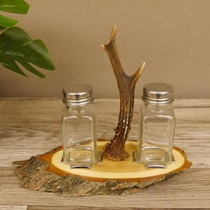 Geschenk Jäger • Salz & Pfeffer Set auf Akazie • Rehbock Stange als Griff GTK27.40.4.1