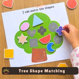 May include: A white activity sheet with the text I can match the shapes featuring a green tree illustration. The tree has various gray shape outlines including a star, square, heart, and circle. Colorful shape cutouts are placed on the tree.