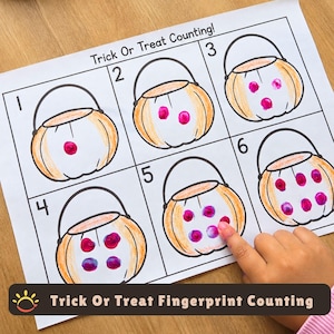 May include: A white worksheet titled Trick Or Treat Counting! featuring six outlined pumpkin-shaped buckets numbered one through six. Each bucket contains a corresponding number of pink fingerprint dots, with a finger pointing at the fifth bucket.