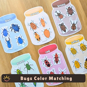 Puede incluir: Seis tarjetas educativas con forma de frasco para clasificar colores, cada una etiquetada con un nombre de color: azul, naranja, marrón, verde, rojo y amarillo. Cada tarjeta presenta ilustraciones de insectos en colores a juego.
