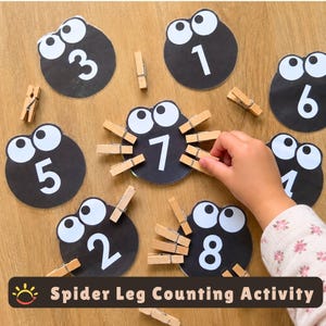 Op de afbeelding: Een set ronde zwarte spinnenuitsparingen met witte ogen en gedrukte cijfers van één tot acht. Elke spin heeft houten wasknijpers aan de randen bevestigd om poten voor te stellen. De tekst Spider Leg Counting Activity is zichtbaar.