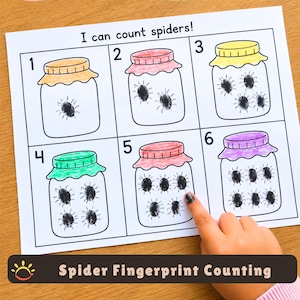 Spider Fingerprint Counting Printable craft  | Preschool  Halloween Math Printable | Toddler Fine Motor Activity