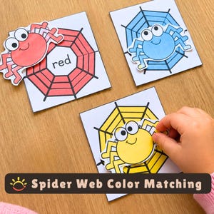May include: Three square cards featuring illustrated spider webs in red, blue, and yellow. Each card has a matching colored spider with large eyes placed on top. The red card includes the text red. The text Spider Web Color Matching is visible.