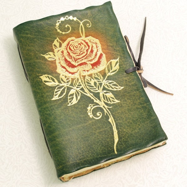 Green Leather Journal With Golden Rose.