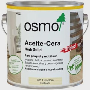 Può includere: Un barattolo di vernice metallico con bordo giallo ed etichetta bianca. L'etichetta presenta il marchio "osmo" e il testo "Aceite-Cera High Solid". Ulteriori testi includono "Para parquet y mobiliario" e "3011 incoloro brillante".