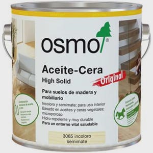 Può includere: Un barattolo di vernice metallico con bordo giallo e manico argentato. L'etichetta recita "osmo" e "Aceite-Cera High Solid". Il barattolo è etichettato per pavimenti e mobili in legno. Il testo "Original" è in un banner rosso.