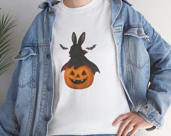 Halloween Bunny Pumpkin Graphic Tee: Unisex Heavy Cotton T-Shirt