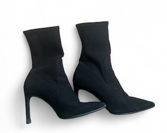 Stuart Weitzman Stuart Stretch Booties 100 Sock Black Leather 4" Heel Rozmiar 9 Spain