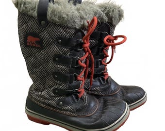 Sorel Women's Insulated Waterproof Snow Boots Brown Tweed Faux Fur Trim Size 10