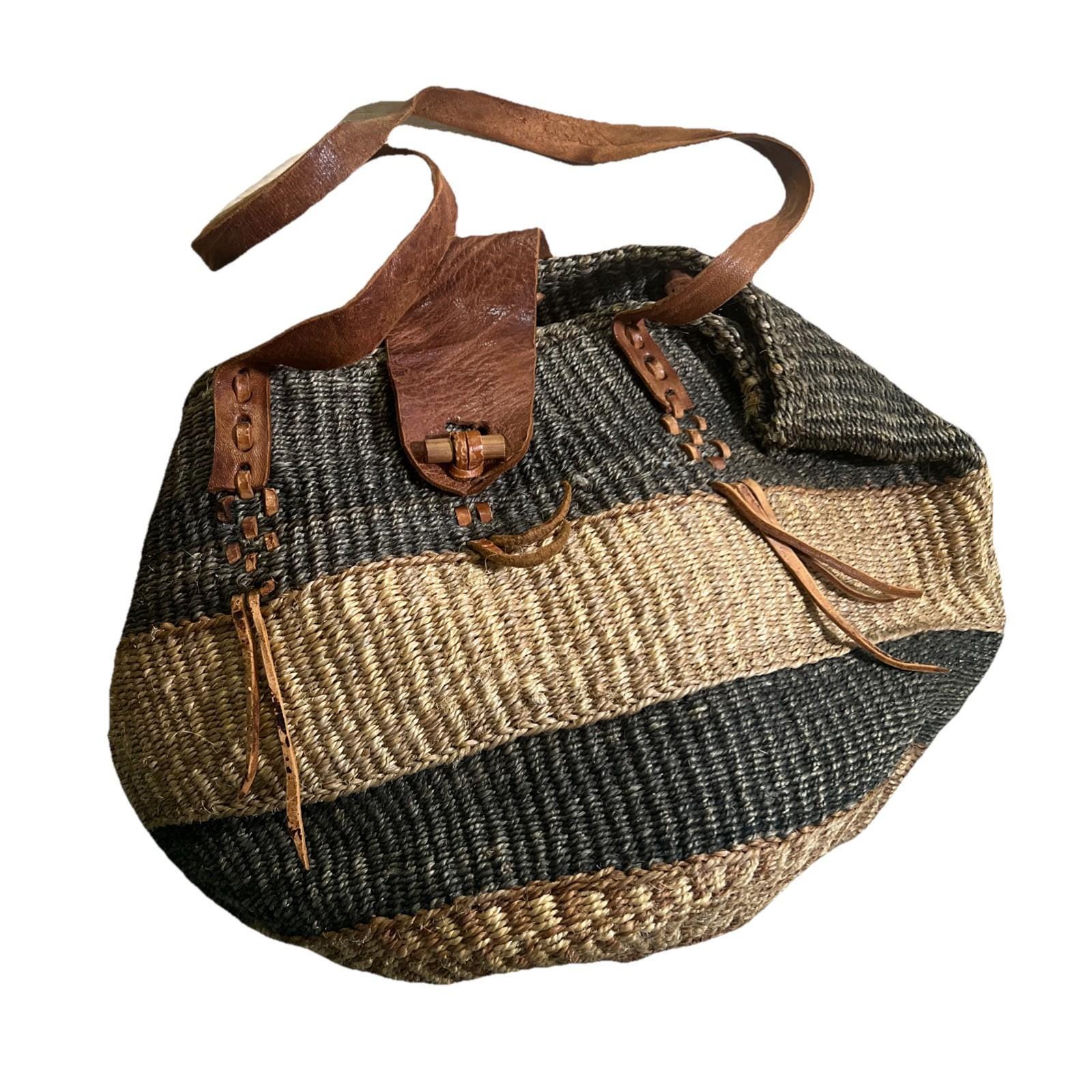 African Woven Sisal Leather Trim XL Safari Themed Bucket Drawstring Backpack African Woven Bucket Bag - Etsy main image 2