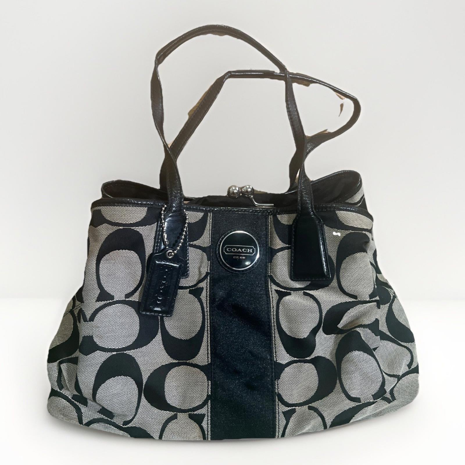 Coach Black Grey F13533 Signature Stripe Framed Carryall Tote