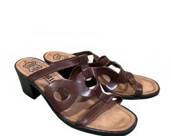Callisto of California Womens Brown Leather Sandals Retro Block Heel