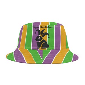 Mardi Gras Bunny Jester Bucket Hat: Striped Carnival Costume Cap