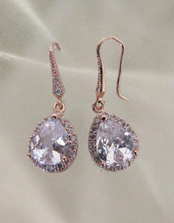 Rose Gold Drop Earrings Crystal Tear Drop Wedding Bridal | Etsy