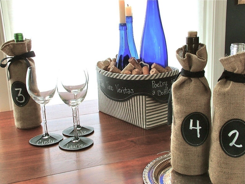 Decorating or Gifting with Re-Useable Chalkboard Labels for Charming Set of 4 BURLAP Champagne Bottle Bags