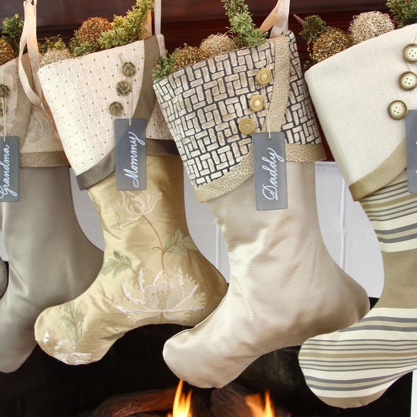 Moss Green, Silver, Gold and Taupe Christmas Stockings — Traditional, Unique, Modern Christmas Stockings  -- Shipping Included!