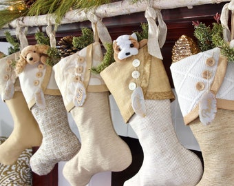 Gold and White Beautiful Textural Christmas Stockings — Designer Christmas Stockings -- Shipping Included!