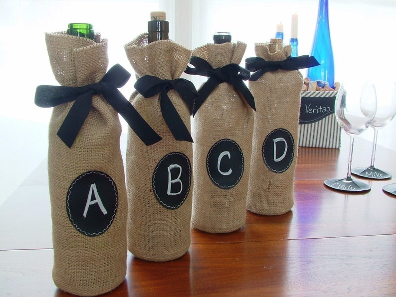 Decorating or Gifting with Re-Useable Chalkboard Labels for Charming Set of 4 BURLAP Champagne Bottle Bags