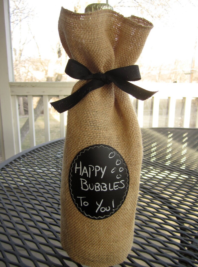 Decorating or Gifting with Re-Useable Chalkboard Labels for Charming Set of 4 BURLAP Champagne Bottle Bags