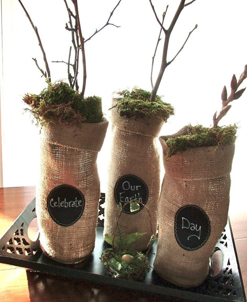 Decorating or Gifting with Re-Useable Chalkboard Labels for Charming Set of 4 BURLAP Champagne Bottle Bags