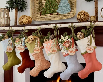 Cottagecore Christmas Stockings in Coral, Blue and Fresh Avocado — Shipping Included!