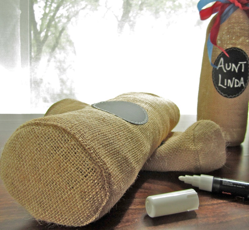 Decorating or Gifting with Re-Useable Chalkboard Labels for Charming Set of 4 BURLAP Champagne Bottle Bags