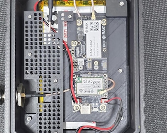 May include: A black rectangular electronic device with an open top, revealing internal components. The device includes circuit boards, wiring, and a black antenna connector. The RAK brand is visible on the circuit boards. The device is on a gray surface.