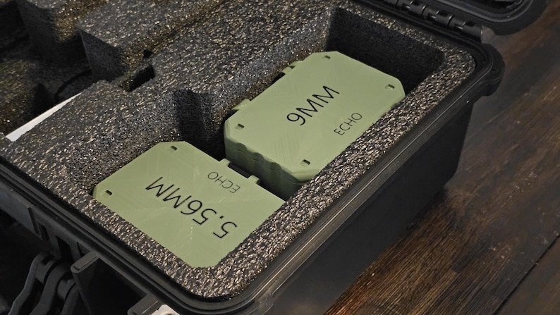 K&ouml;nnte beinhalten: Ein schwarzer Koffer mit Schaumstoffeinlagen enth&auml;lt zwei gr&uuml;ne rechteckige Beh&auml;lter. Einer ist mit "5.56MM ECHO" beschriftet, der andere mit "9MM ECHO". Der Koffer ist ge&ouml;ffnet und zeigt den Inhalt.