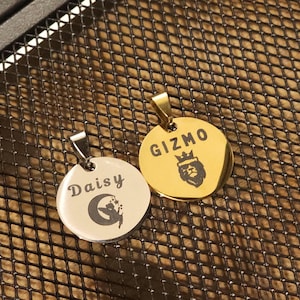 May include: Two round metal pet tags with engraved names. The tag on the left says "Daisy" and features a moon and a fairy. The tag on the right says "Gizmo" and features a lion with a crown.
