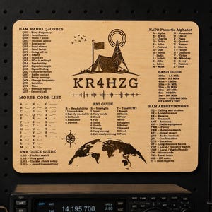 May include: A rectangular light-colored wooden plaque featuring laser-engraved ham radio reference information, including Q-codes, the NATO phonetic alphabet, a Morse code list, a band guide, an RST guide, and ham abbreviations with the call sign KR4HZG.
