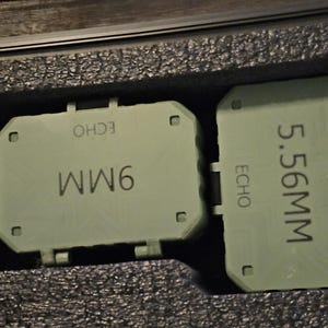 K&ouml;nnte beinhalten: Zwei hellgr&uuml;ne rechteckige Objekte mit den Aufschriften "9MM" und "5.56MM" befinden sich in einem schwarzen Koffer mit Schaumstoffpolsterung. Das Wort "ECHO" ist auf jedem Objekt aufgedruckt.
