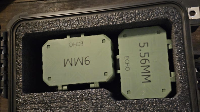K&ouml;nnte beinhalten: Zwei hellgr&uuml;ne rechteckige Objekte mit den Aufschriften "9MM" und "5.56MM" befinden sich in einem schwarzen Koffer mit Schaumstoffpolsterung. Das Wort "ECHO" ist auf jedem Objekt aufgedruckt.