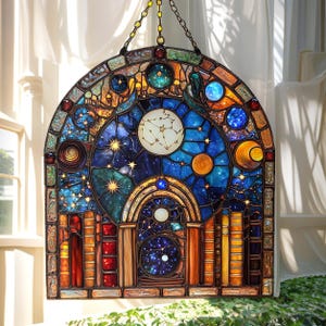 Celestial Library Portal ACRYL Suncatcher - Galaxy Moon Arch acryl venster hangend met sterrenkaart en boeken - astronomie cadeau voor lezers