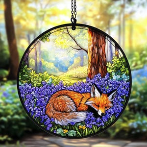 Acchiappasole in acrilico con volpe addormentata in un prato di campanule - Decorazione per finestre con animali del bosco - Regalo di pace per gli amanti della natura