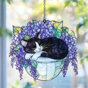 Acchiappasole in vetro acrilico con gatto glicine - Gatto bianco e nero addormentato in un cesto appeso - Regalo floreale per gli amanti dei gatti